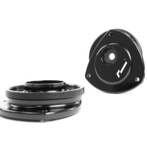 VWR430000_7jpg - OPSHOLDERS Two black glossy metal rings or adapters with a central hole, shown against a white background; one piece sits upright revealing screw holes.