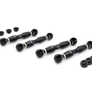 Set of black bicycle bar-end adapters with metal clamps and rubber end caps, laid out with washers on white background.