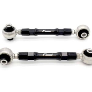 Pair of black metal car suspension sway bar links with silver ball joints on a white background.