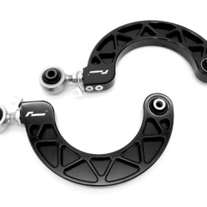 Pair of black curved bicycle brake arms with silver bearing mounts on a white background.