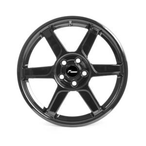 Glossy black five-spoke alloy car wheel with a central hub cap