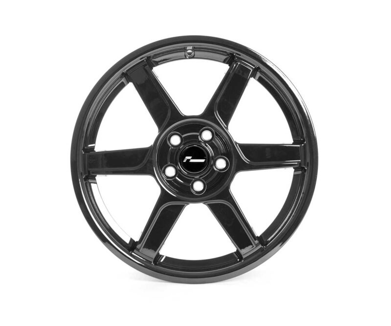 Glossy black five-spoke alloy car wheel with a central hub cap