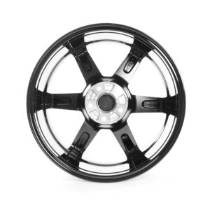 Black five-spoke alloy car wheel rim photographed against a white background.