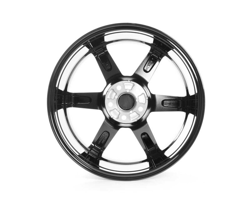 Black five-spoke alloy car wheel rim photographed against a white background.