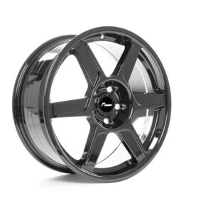Glossy black five‑spoke alloy car wheel/rim with a polished outer lip.