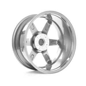 Polished aluminum alloy car wheel rim with five spokes, reflective chrome finish, isolated on white background.