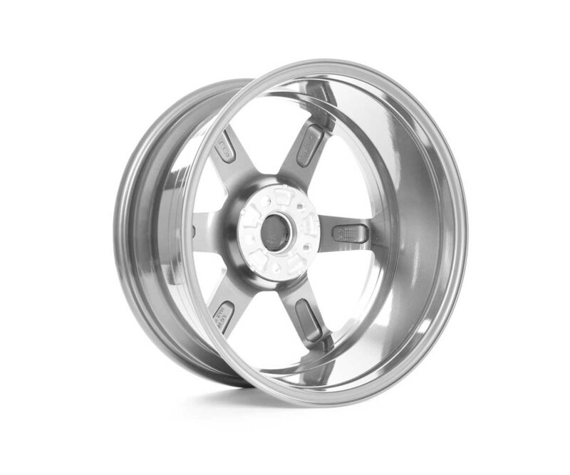 Polished aluminum alloy car wheel rim with five spokes, reflective chrome finish, isolated on white background.