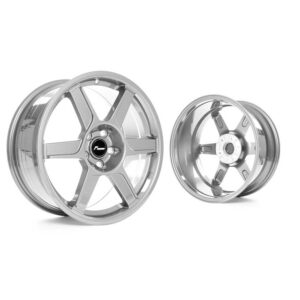 Two silver alloy car wheels with five-spoke design on a white background, shown from front and back perspectives