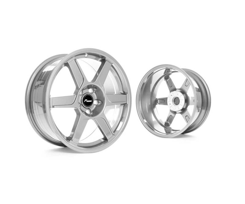 Two silver alloy car wheels with five-spoke design on a white background, shown from front and back perspectives