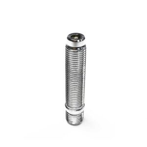 Chrome-plated long bolt with evenly spaced threads standing upright