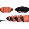VWR670006-1jpg - OPSHOLDERS Set of red-friction automotive brake pads for a disc brake, shown from front and back views. Includes wear-sensor cable in the foreground.