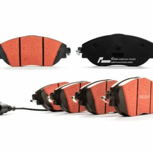 Set of red-friction automotive brake pads for a disc brake, shown from front and back views. Includes wear-sensor cable in the foreground.