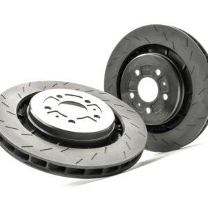 Two ventilated brake discs (rotors) with slots, shown on a white background for automotive braking components (front and rear views).