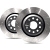 VWR682000jpg - OPSHOLDERS Two metal brake rotors (disc brakes) with dark hubs, overlapped in the foreground; automotive braking components.