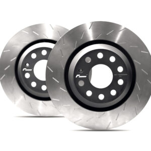 Two metal brake rotors (disc brakes) with dark hubs, overlapped in the foreground; automotive braking components.