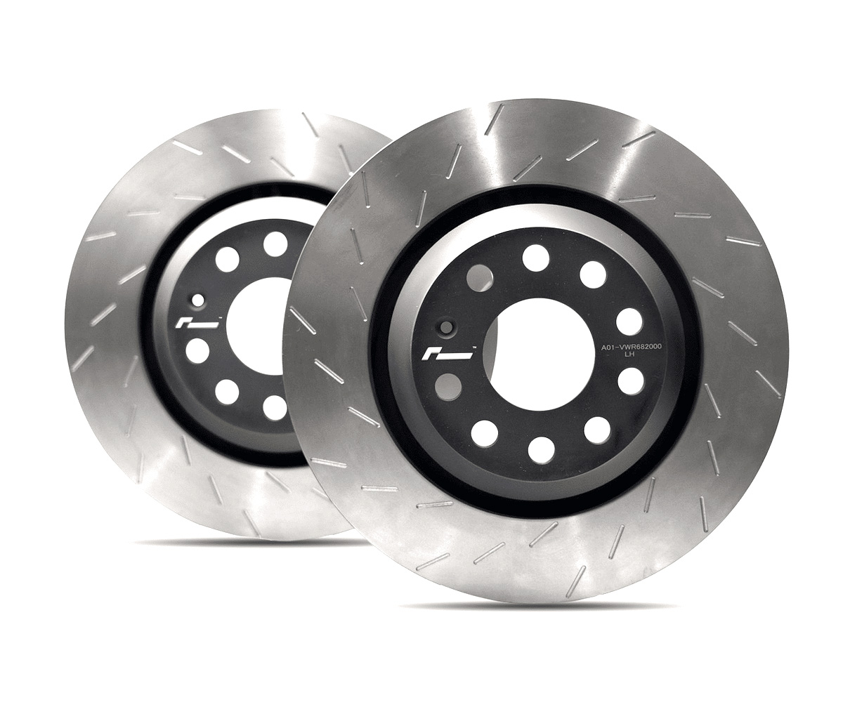 VWR682000jpg - OPSHOLDERS Two metal brake rotors (disc brakes) with dark hubs, overlapped in the foreground; automotive braking components.