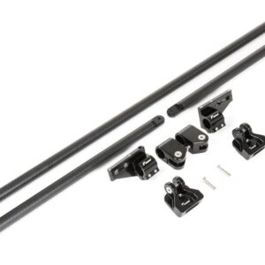 VWR81G700_4-1jpg - OPSHOLDERS Two long black carbon fiber rods with multiple black mounting clamps and small screws laid out beside them.