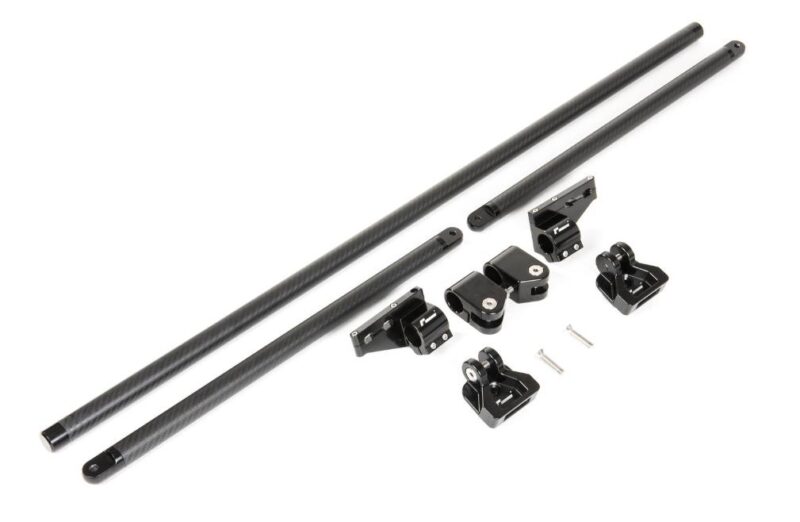 VWR81G700_4-1jpg - OPSHOLDERS Two long black carbon fiber rods with multiple black mounting clamps and small screws laid out beside them.