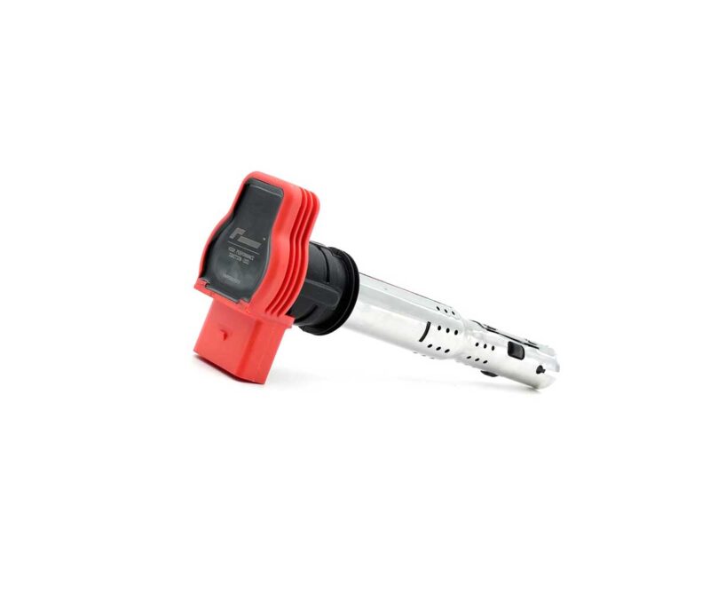 VWR900003_1jpg - OPSHOLDERS Red automotive ignition coil boot connected to a perforated metal shaft, isolated on white background.