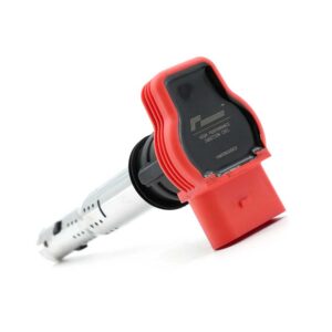 Red high-performance ignition coil with black top and white connector on a white background.