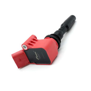 Red handheld automotive diagnostic tool with a black grip and plug connector at the end.