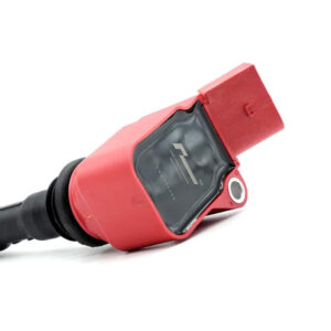 Close-up of a red automotive sensor with a black boot and a side mounting hole, on a white background.