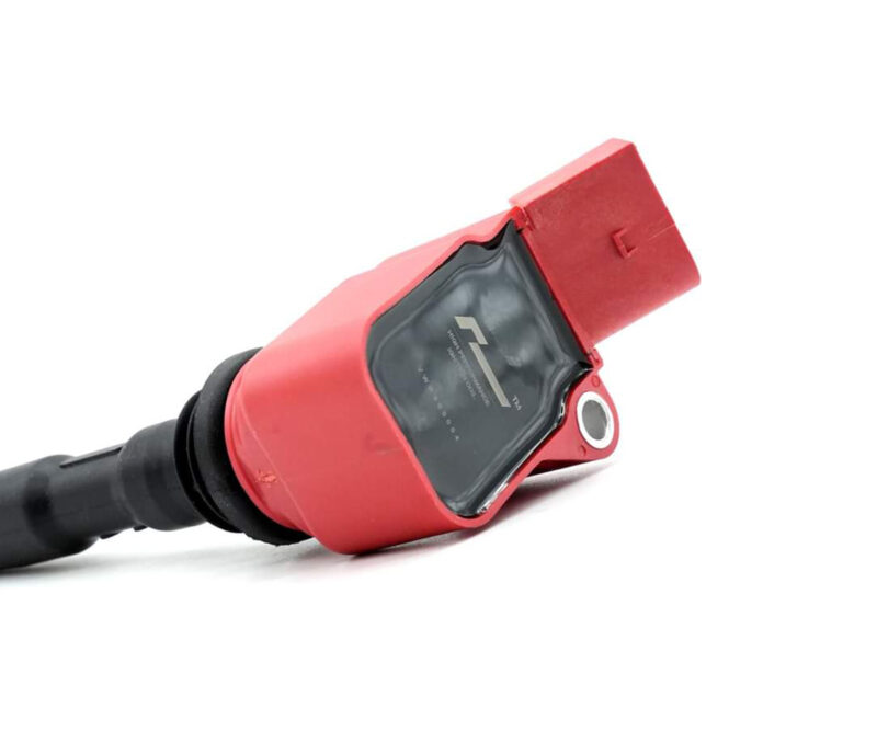 Close-up of a red automotive sensor with a black boot and a side mounting hole, on a white background.
