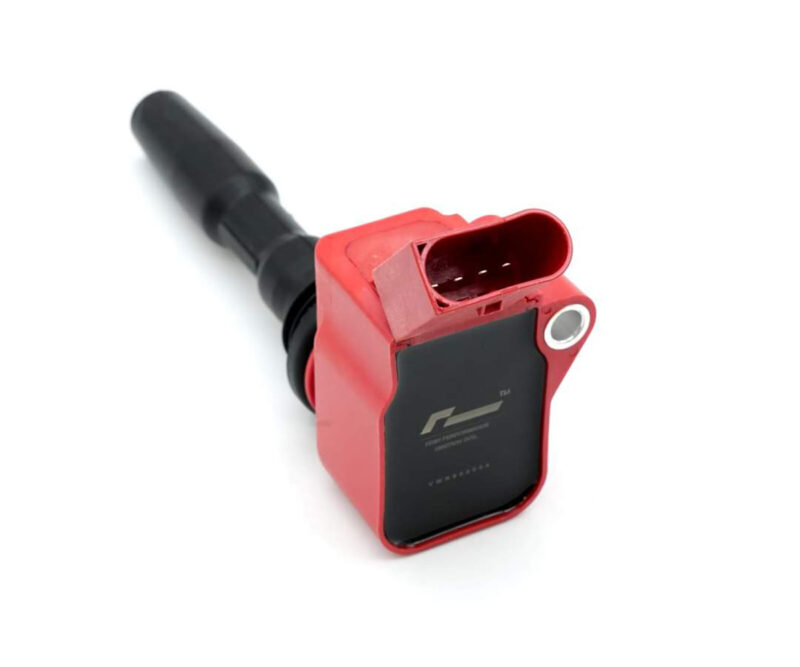 Red automotive sensor module with a black connector and a rubber hose, shown at an angle on a white background.