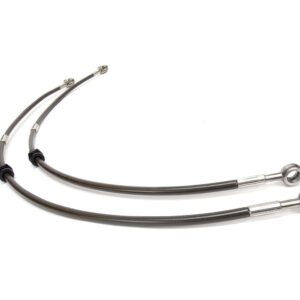 Two metal braided hoses with circular ring ends on a white background (auto parts).