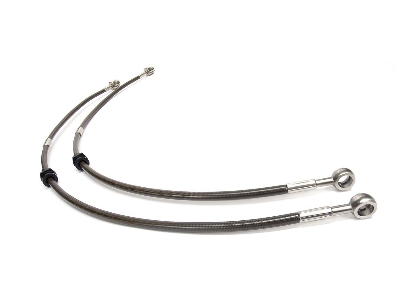 VWR_Front_Brake_Lines__550311461153485-1jpg - OPSHOLDERS Two metal braided hoses with circular ring ends on a white background (auto parts).