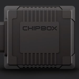 Chipbox hardware module with rugged square casing and a left-side connector on a dark background.