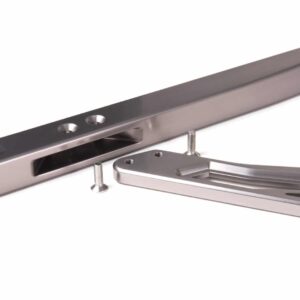 audi-b9-a4s4-strut-brace_28703497378_o-1jpg - OPSHOLDERS Close-up of a silver metal drawer slide with mounting holes and a detached bracket with two screws nearby.