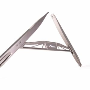 audi-b9-a4s4-strut-brace_40768630260_o-1jpg - OPSHOLDERS Folding aluminum laptop stand in an A-frame position with a triangular brace for support, shown in silver.