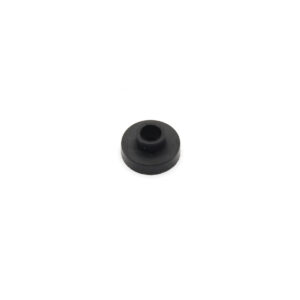 Small black rubber washer with a central hole on a white background, viewed from above