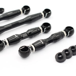 audi-c8-adjustable-height-suspension-links_53337742493_o-1jpg - OPSHOLDERS Black rod-end joints with ball sockets and threaded shafts, arranged with several small black spacers on a white background.