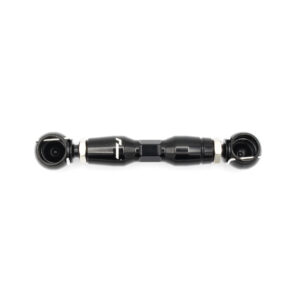 Long black cylindrical device with metal end fittings, lying horizontally on a white background.