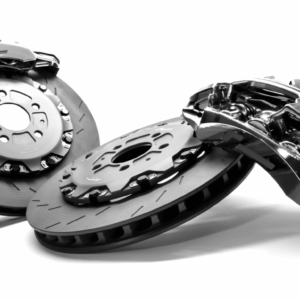 Two metallic brake rotors with calipers arranged diagonally on a white background.