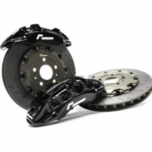 Automotive brake kit with black calipers and ventilated disc rotors on a white background, showing hub in the center.