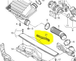Exploded diagram of a mechanical assembly; part 21, a curved metal bracket highlighted in yellow.