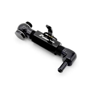 Close-up of a black bicycle pump head with a lever, isolated on a white background.