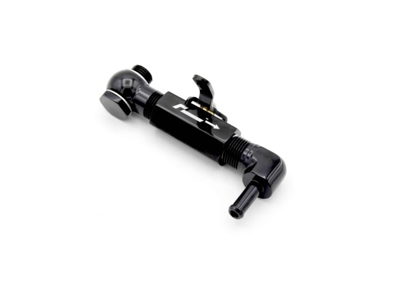 Close-up of a black bicycle pump head with a lever, isolated on a white background.
