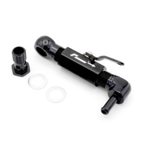 Handheld black air pump with hose and nozzle, along with several white circular washers on a white background