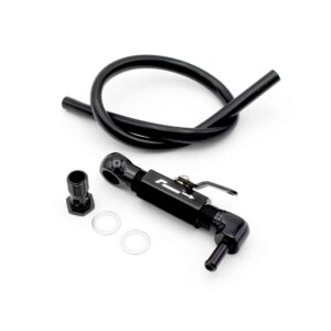 Close-up of a black bicycle hydraulic brake lever with hose and fittings on a white background.