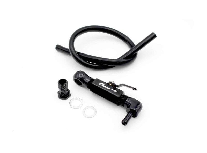 Close-up of a black bicycle hydraulic brake lever with hose and fittings on a white background.