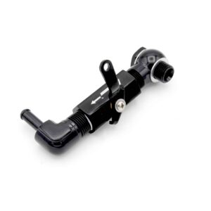 Close-up of a black bicycle derailleur with pulley wheel against a white background.
