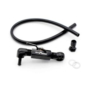 Black handheld bicycle pump with flexible hose and tire valve nozzle on a white background, with small adapters nearby