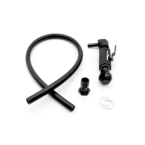 Black bicycle pump with coiled hose and valve adapters on a white background.