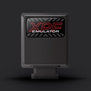 Black rectangular emulator hardware with a red 'XPE Emulator' logo on a dark gradient background, standing on a small pedestal.