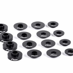 dead-set-5_30930705827_o-scaled-2jpg - OPSHOLDERS Set of black circular spacers with central holes and white logo, scattered on a white background.