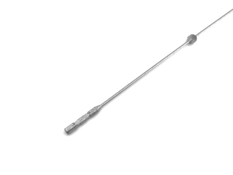 dipstick_3jpg - OPSHOLDERS Stainless steel wire rope with a swage sleeve/crimp fitting on one end and the cable tapering off to the right over a white background